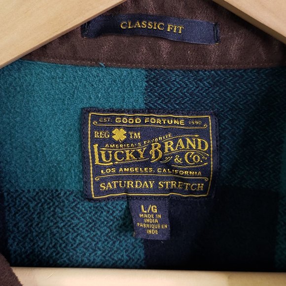 Lucky Brand Men's L Classic Fit Saturday Stretch Plaid Flannel Teal Navy Shirt - Picture 6 of 7